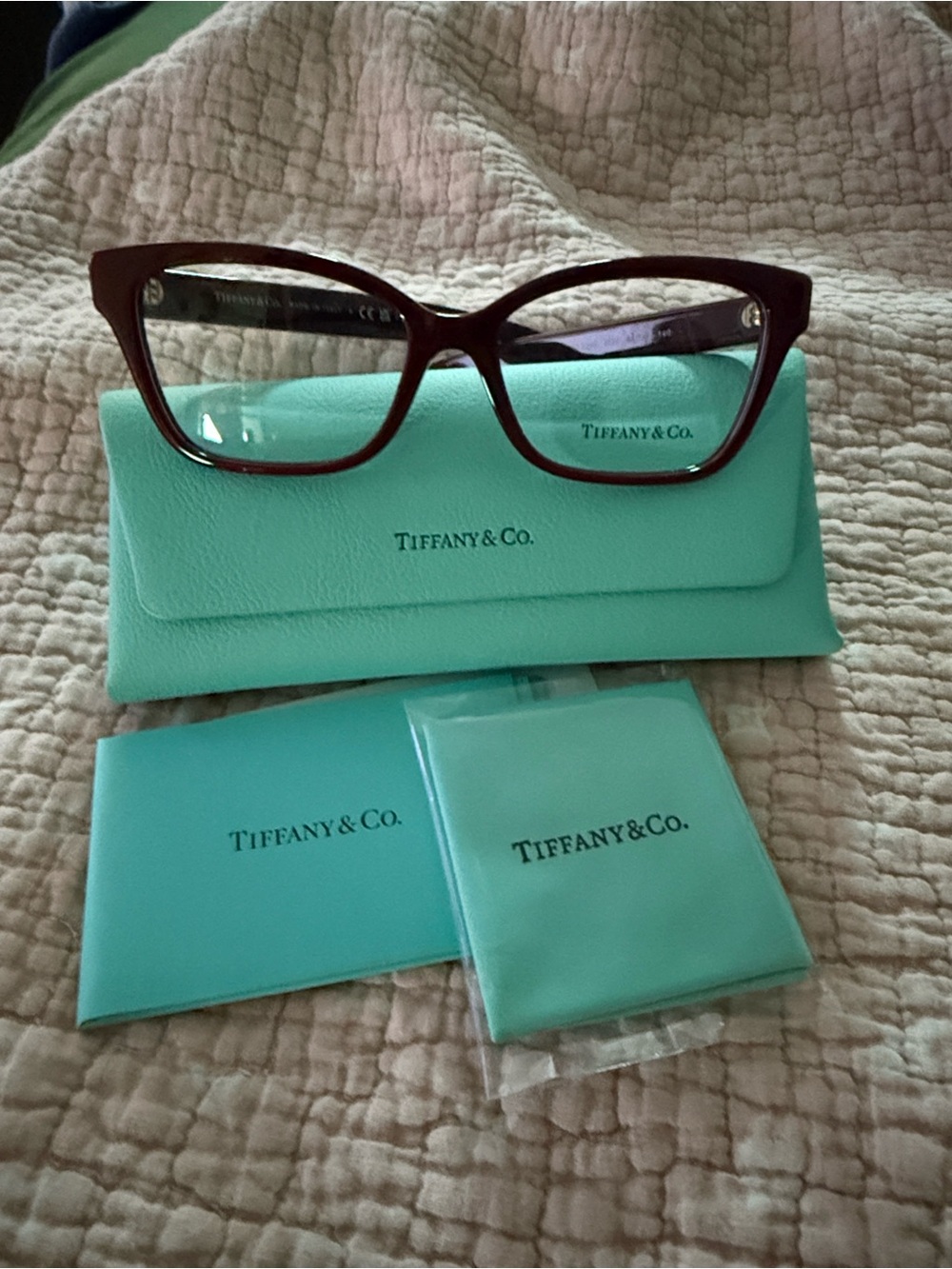 Tiffany & Co. Burgundy Cat-Eye Women's Eyeglasses with Signature Blue Case
